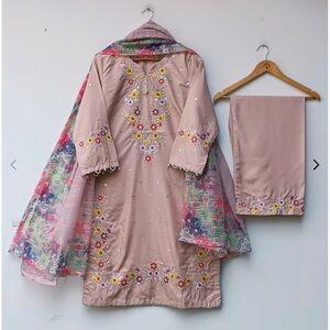 Embroidered Floral Dress with Scarf